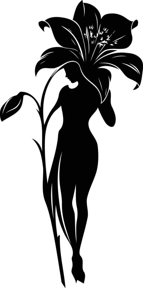 Elegant silhouette of a woman with a lily flower on her head vector
