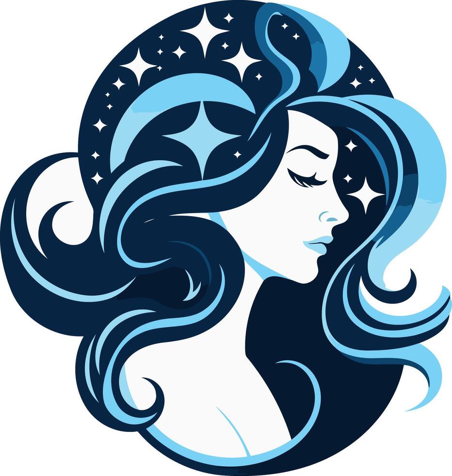A stylized illustration of a woman's profile surrounded by stars and crescent moons, perfect for branding a beauty, fashion, or spiritual company vector