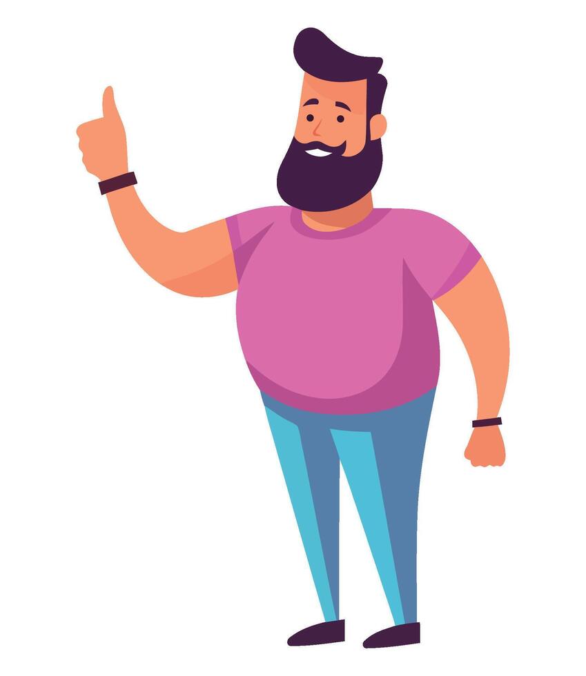 A man with a beard and a pink shirt is giving the thumbs up vector