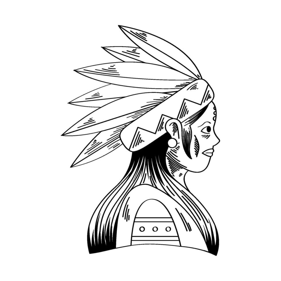 An indian woman with a feather headdress in a drawing vector