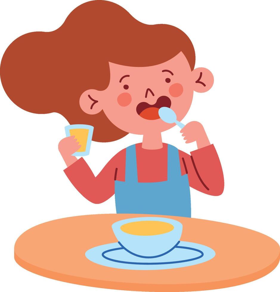 A girl eating a bowl of cereal and drinking a glass of milk vector