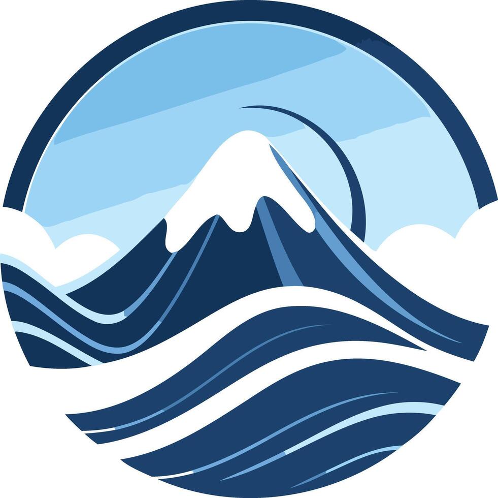A minimalist logo design featuring a stylized mountain peak rising from a wavy ocean, with a sky and clouds in the background vector