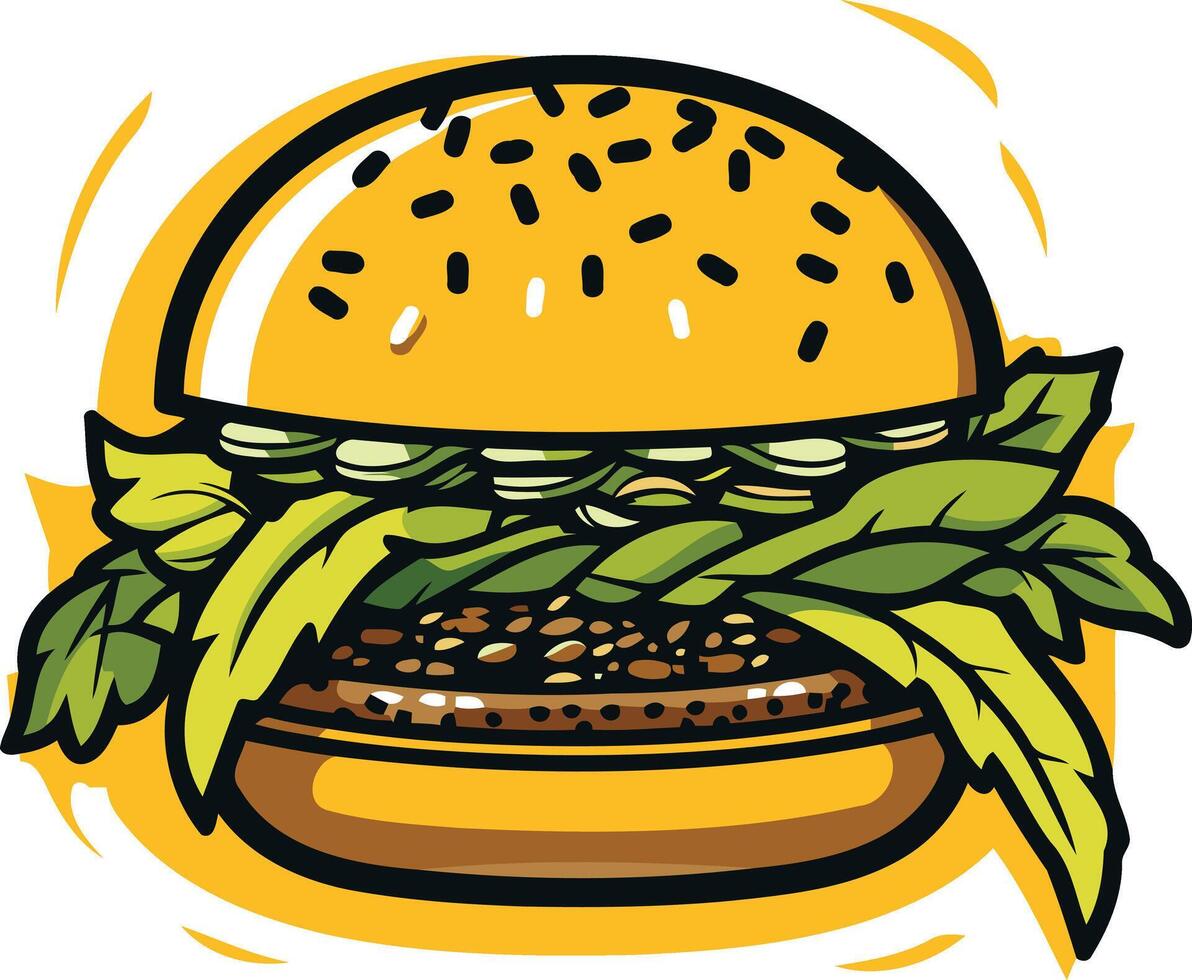 A cartoon illustration of a juicy burger with lettuce and sesame seeds on a bun, perfect for menus, social media, and food branding vector