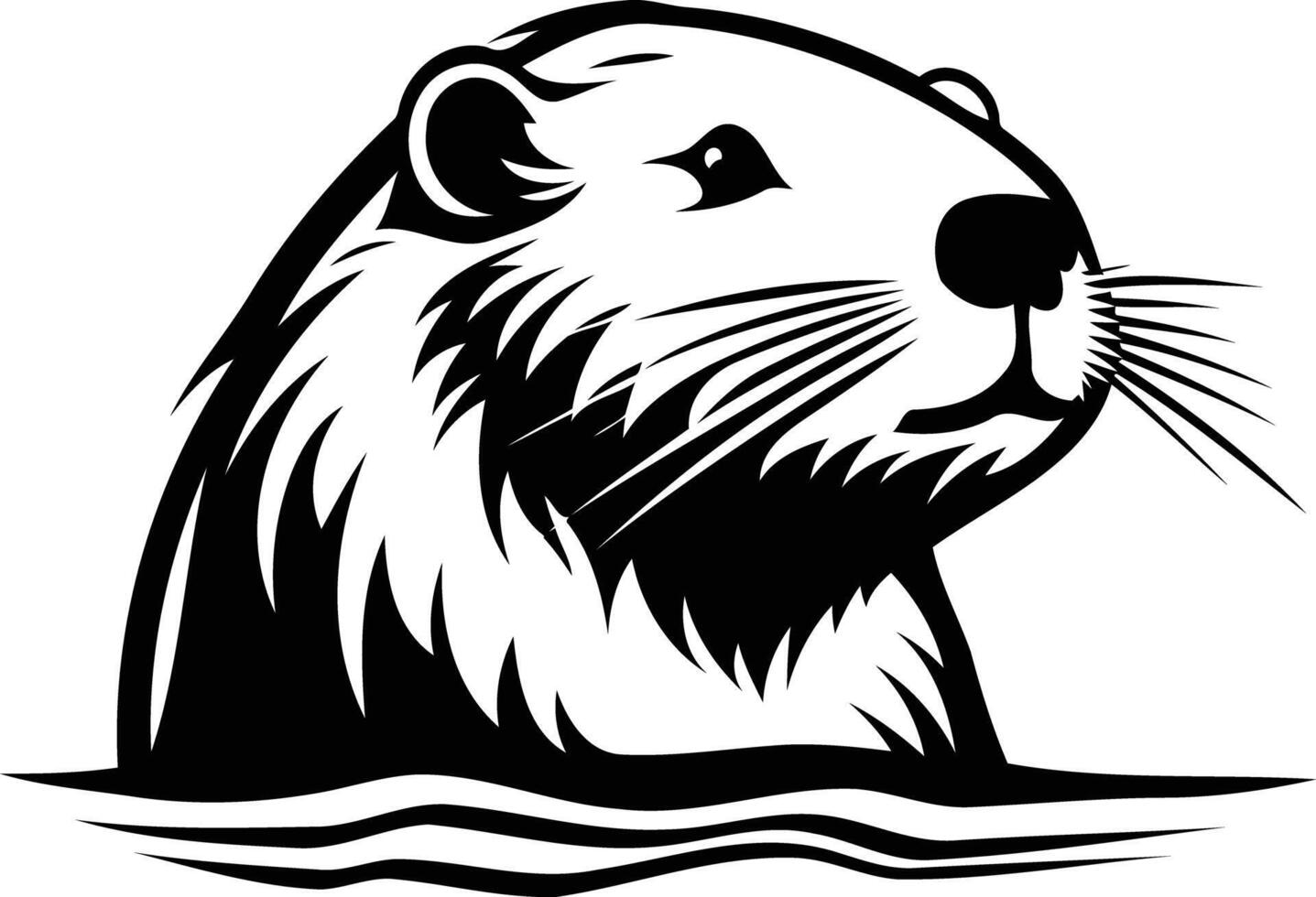 A striking black and white illustration of an otter's head emerging from the water, showcasing its sharp features and sleek fur vector