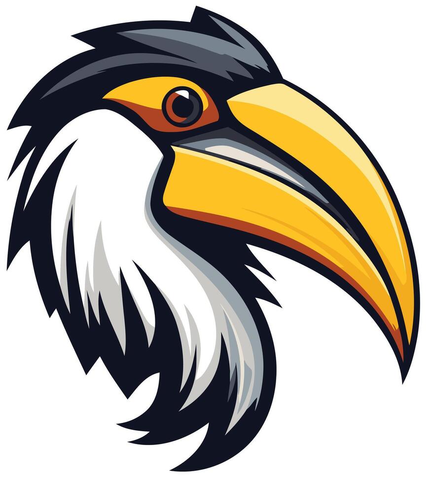 A bold and graphic illustration of a hornbill's head, perfect for branding, sports teams, or wildlife themed designs vector