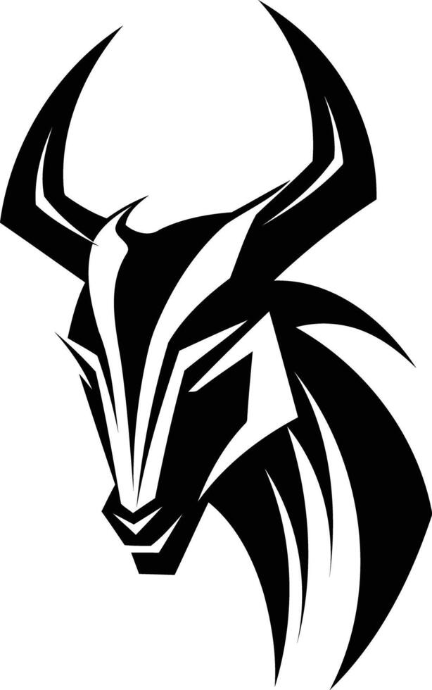 A striking, stylized bull's head design in black and white vector