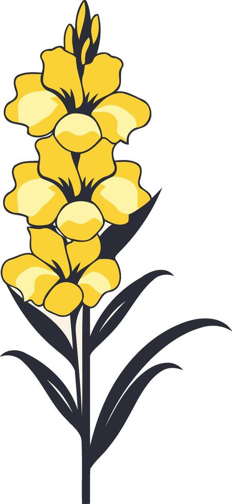 A simple, elegant illustration of a single yellow flower with a dark blue stem and leaves vector