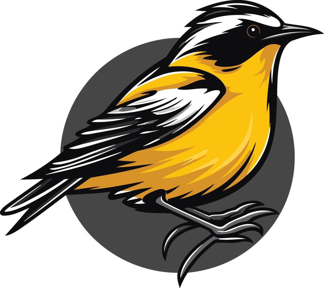 A cheerful yellow bird with black accents, perched on a gray circle vector