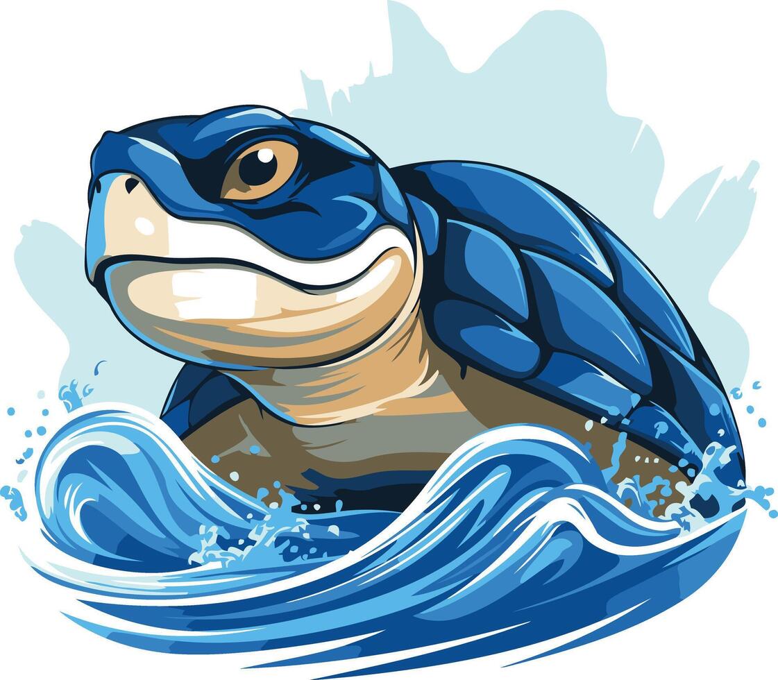 A vibrant illustration of a blue sea turtle emerging from a wave vector