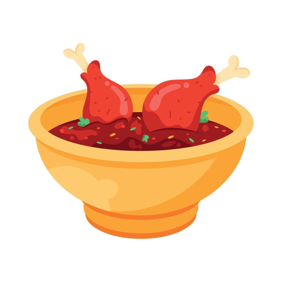 Chicken in a bowl with sauce and herbs illustration vector