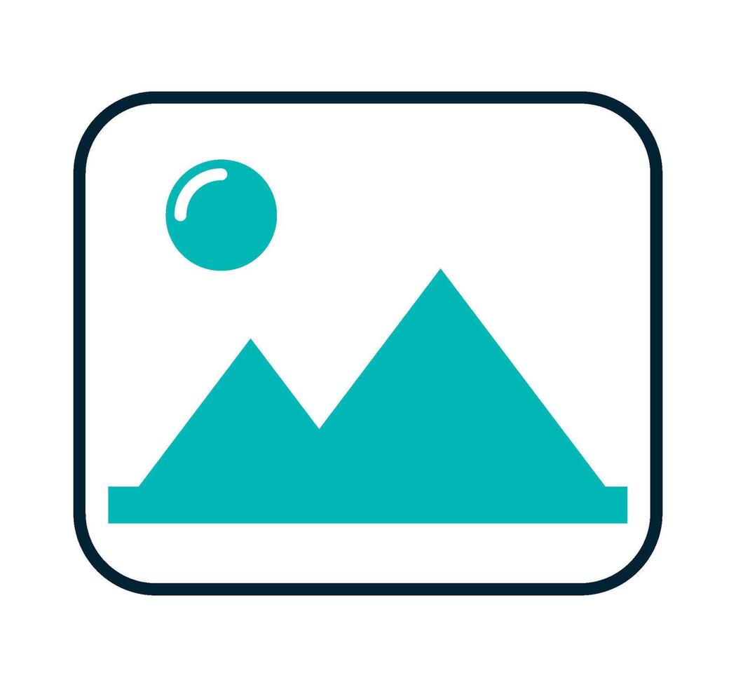 A blue and white icon with a mountain and sun vector