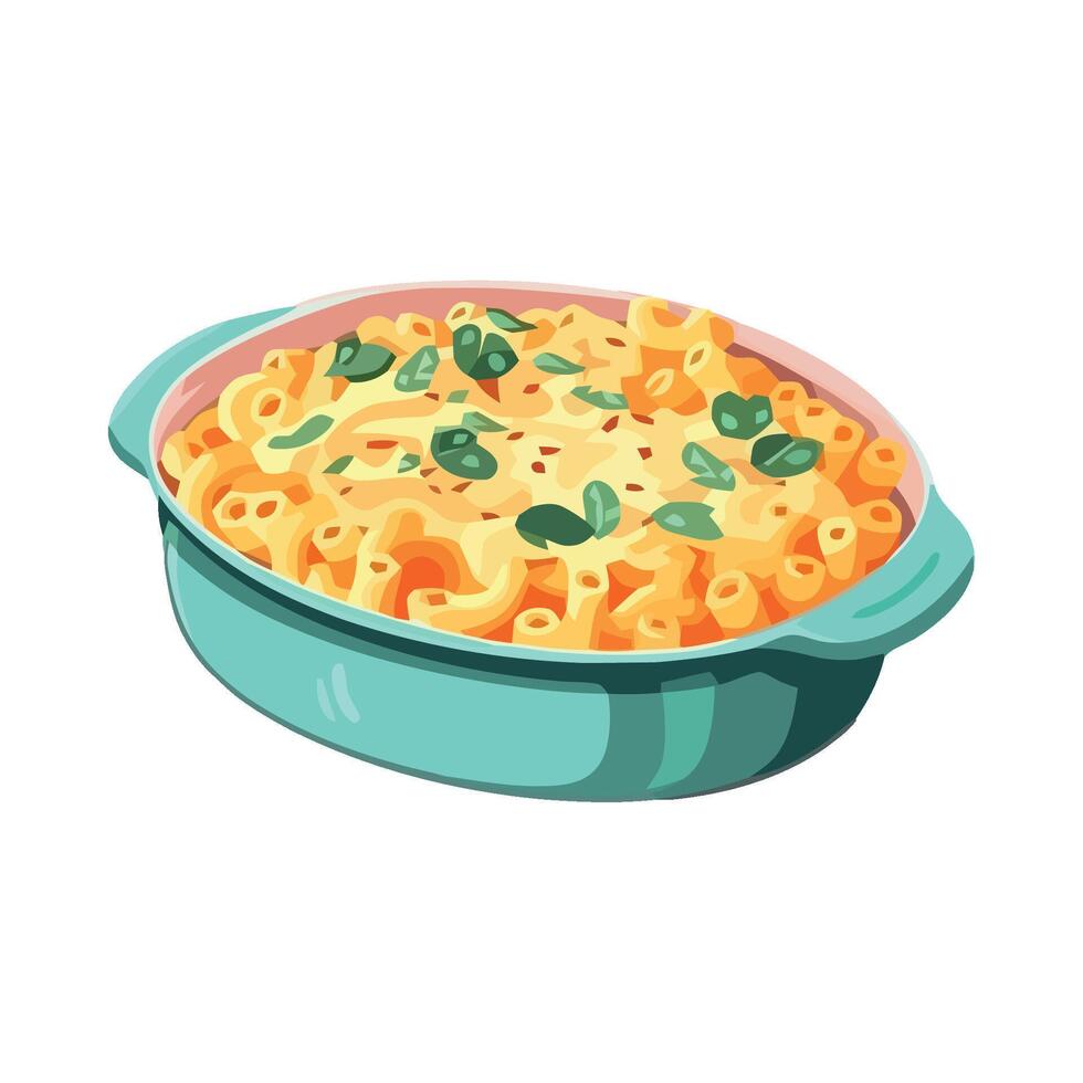 A dish of macaroni and cheese with basil leaves vector