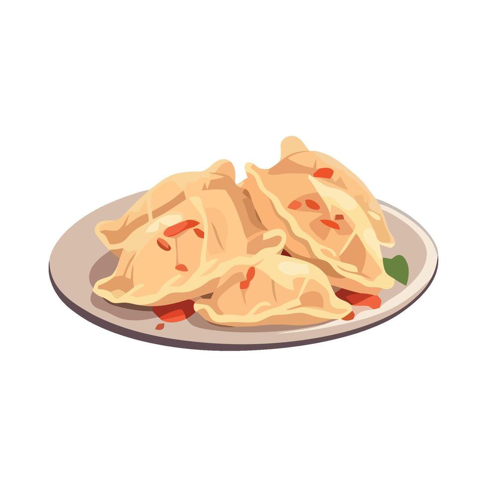 A plate of dumplings with sauce on it vector