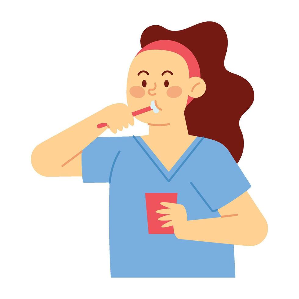 A woman brushing her teeth with a cup vector