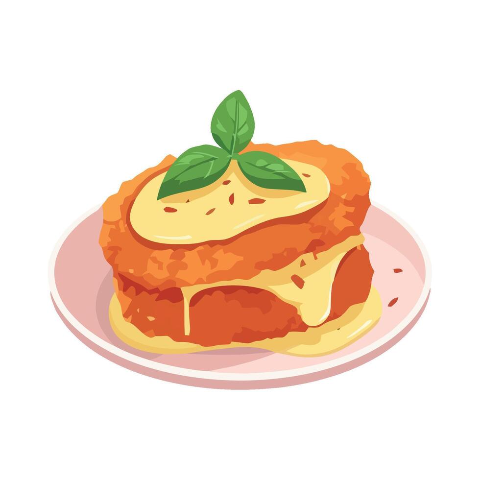Fried chicken sandwich with cheese and basil on a plate vector