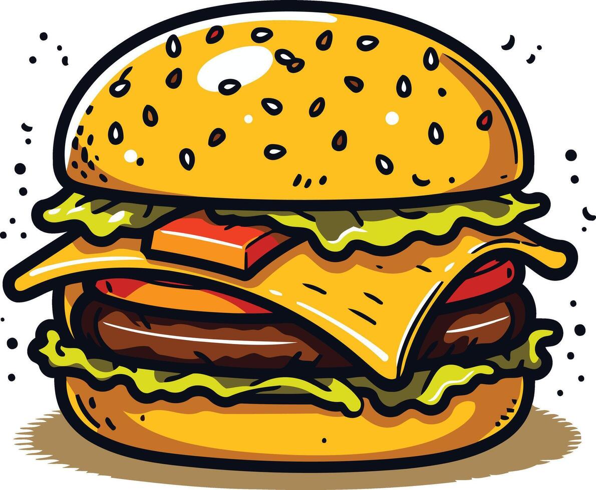 A delicious, cartoon style burger with all the fixings perfect for menus, social media, or any project needing a fun, fast food feel vector