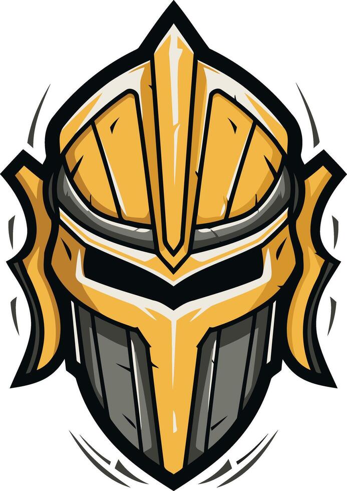 A fierce and stylized cartoon illustration of a golden knight helmet with a menacing expression vector