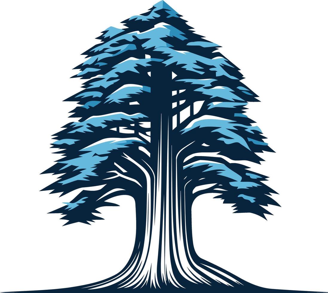 A stylized, blue and white illustration of a strong, majestic evergreen tree vector