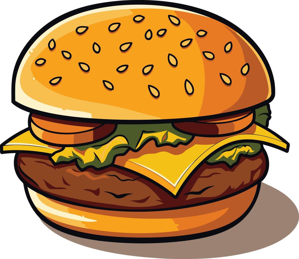 A cartoon style illustration of a delicious looking burger with sesame seeds, cheese, lettuce, and tomato vector