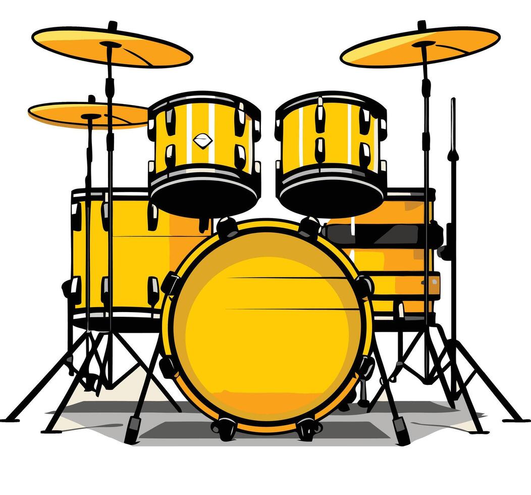 A cheerful yellow drum set with cymbals and stands, perfect for music themed designs and projects vector