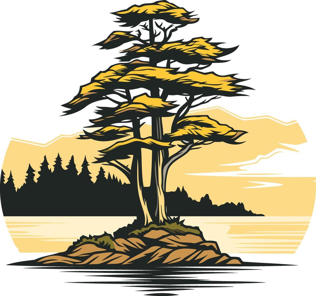 A stylized illustration of a lone tree on a rocky island, silhouetted against a scenic sunset vector