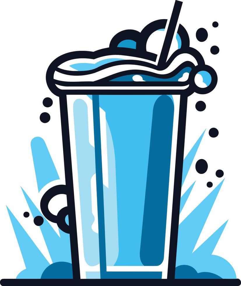 A vibrant illustration of a tall glass filled with a refreshing blue beverage, complete with a straw and a splash of fizzy bubbles vector