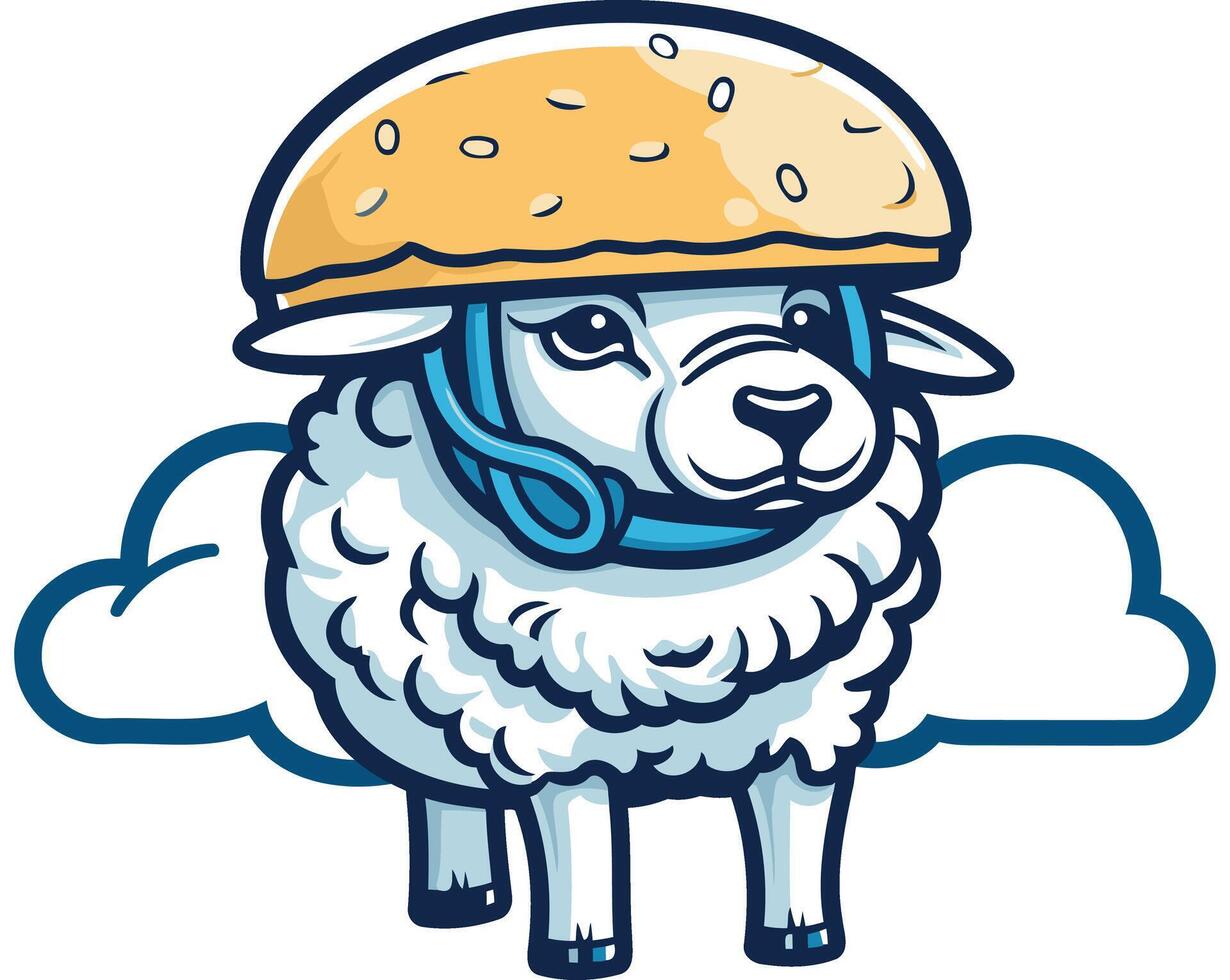 A cute sheep wearing a burger helmet, floating on a cloud vector
