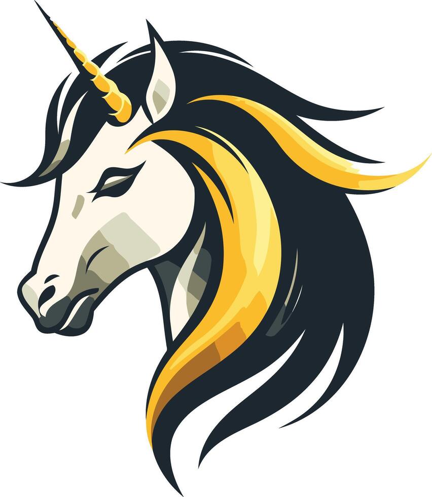 A bold and stylized illustration of a unicorn's head, with a black mane and flowing golden horn vector