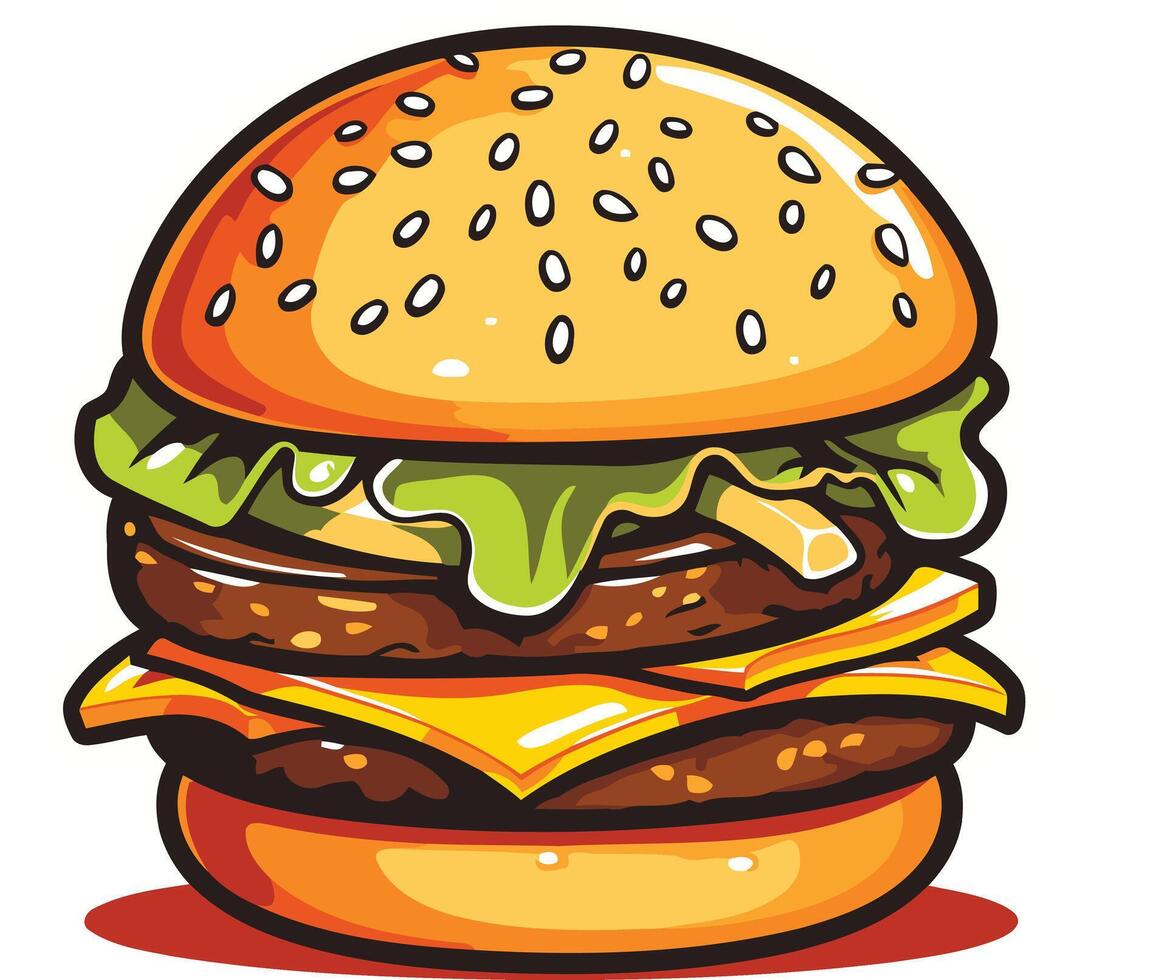 A delicious cartoon burger with lettuce, cheese, and a juicy patty vector