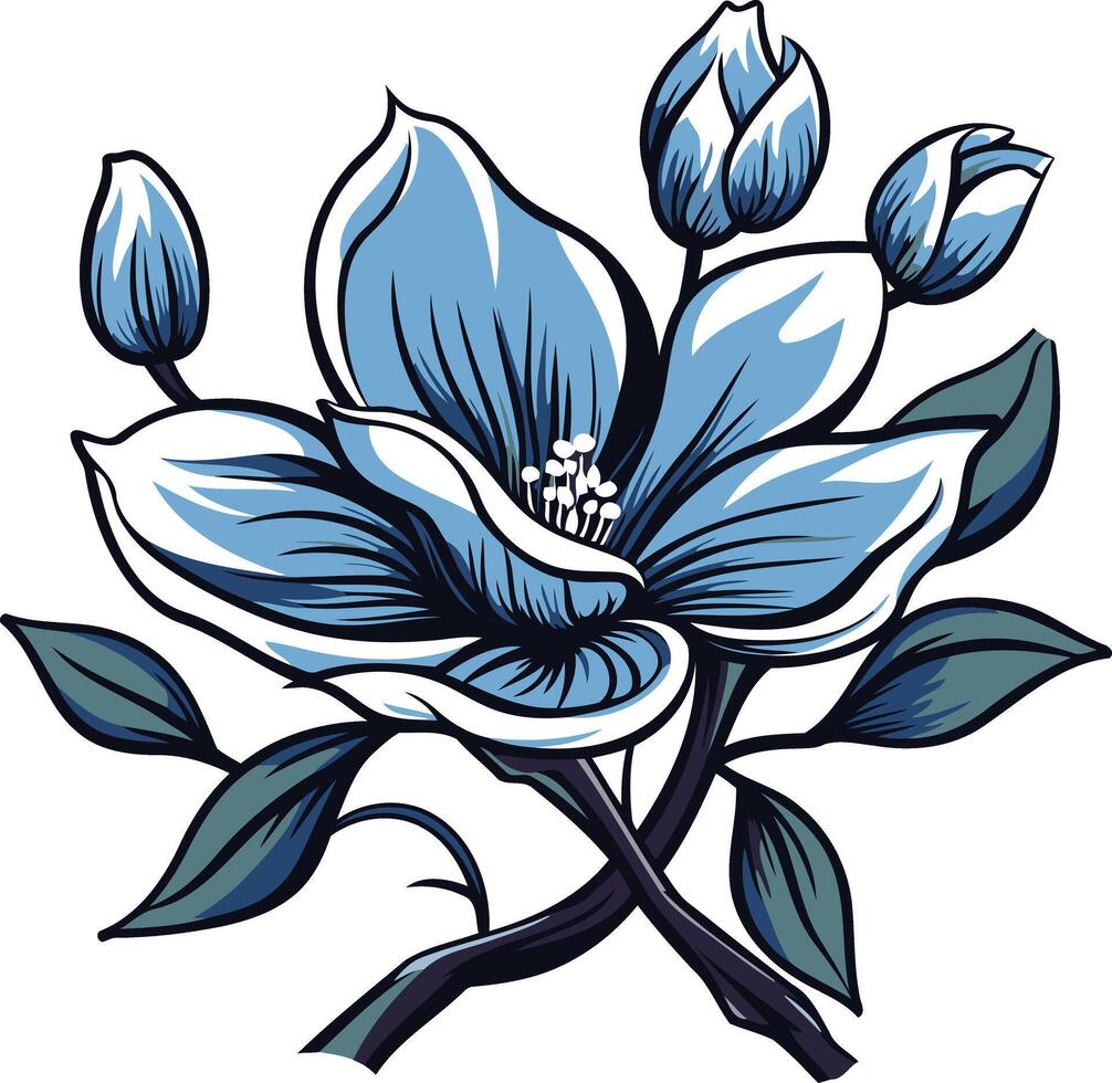 Elegant blue flower with buds and leaves vector