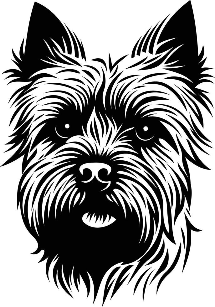 A striking black and white illustration of a yorkshire terrier's head, showcasing its distinctive fur and soulful eyes vector