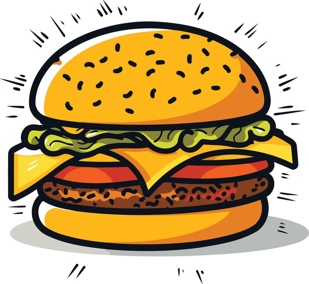 A cheerful cartoon illustration of a juicy burger with cheese, lettuce, tomato, and sesame seed bun vector