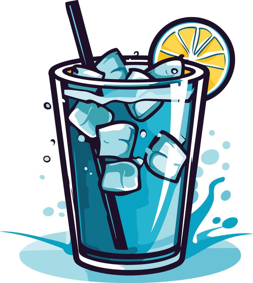 A refreshing blue drink with a lemon wedge and ice cubes, perfect for summer vector