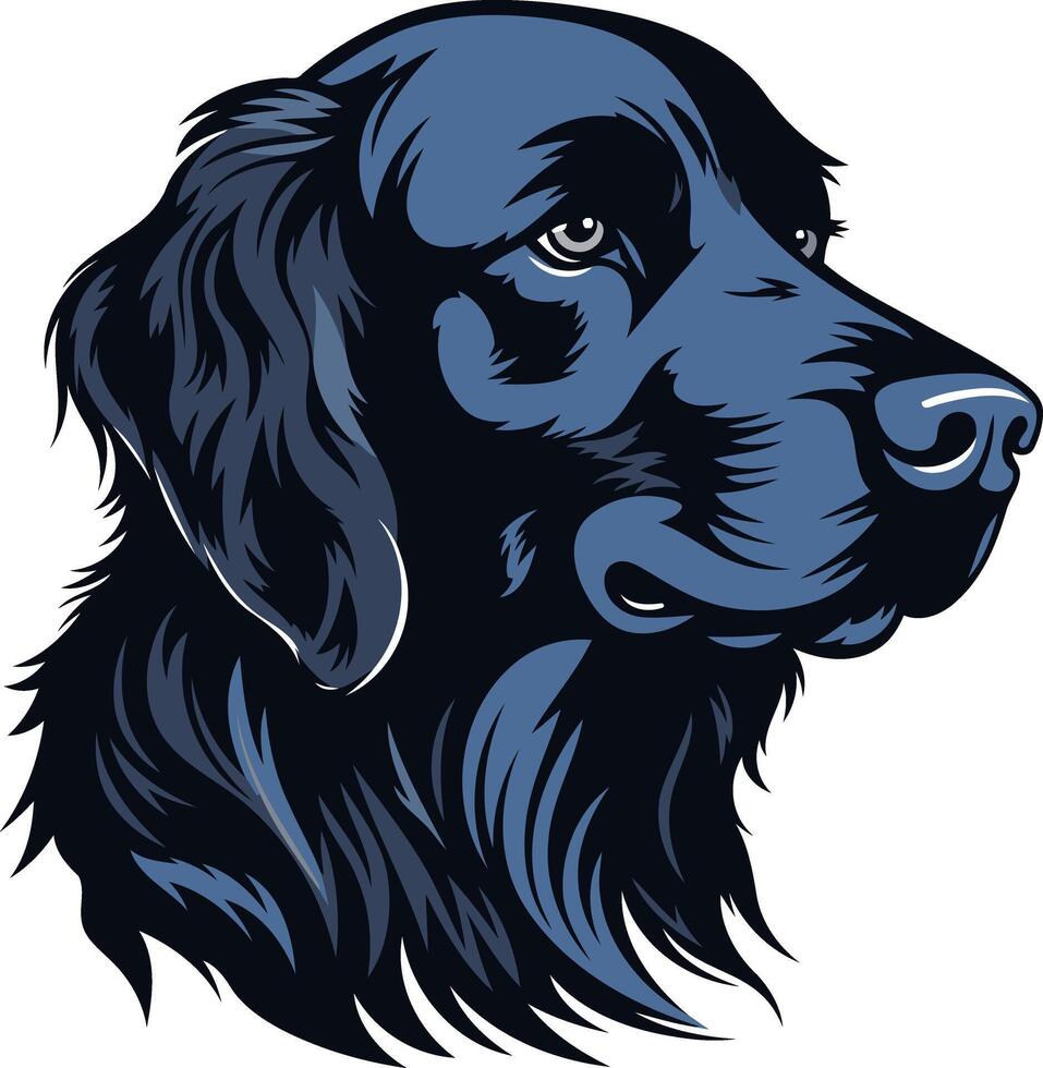A striking black and white illustration of a flat-coated retriever dog, perfect for logo designs, pet-related branding, or any project needing a loyal and intelligent canine icon vector