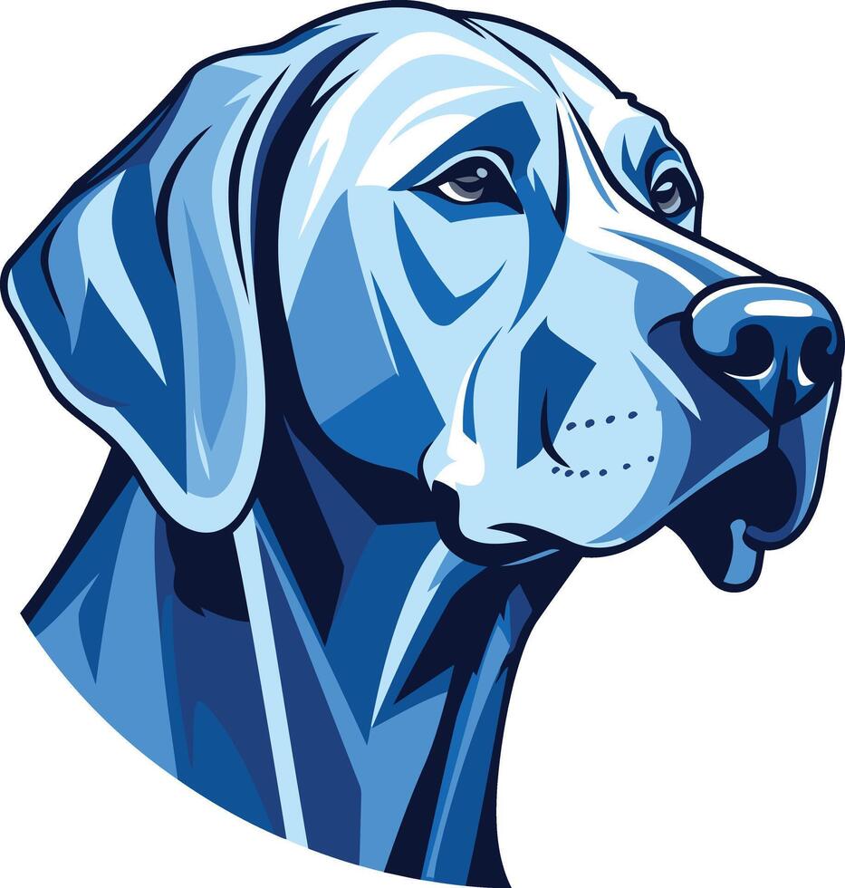 A striking, blue silhouette of a weimaraner dog's head, perfect for branding, apparel, and pet-related designs vector