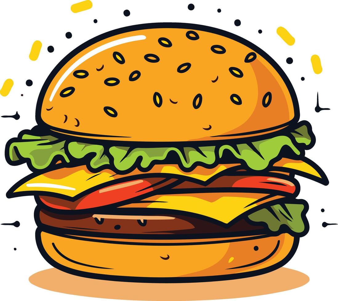 A juicy, cartoon style hamburger with all the fixings vector