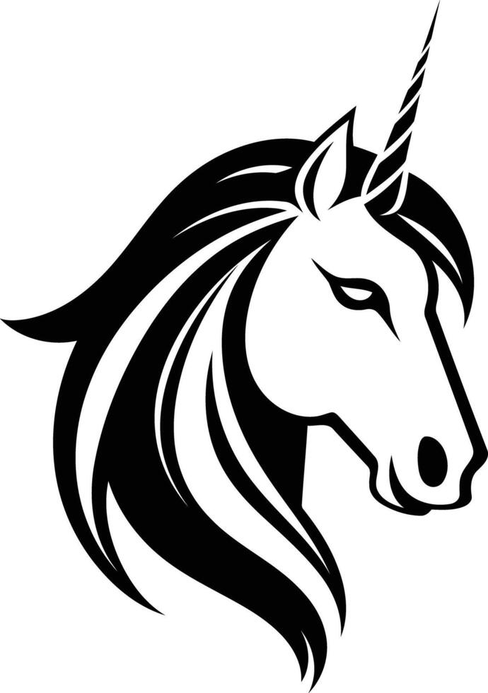 Black and white stylized illustration of a unicorn's head, perfect for logos, branding, or fantasy designs vector