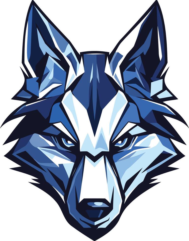 A powerful and fierce blue wolf head, rendered in a sharp, geometric style vector