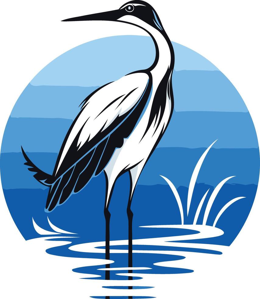 Elegant heron silhouette standing in a blue water pond with reeds vector
