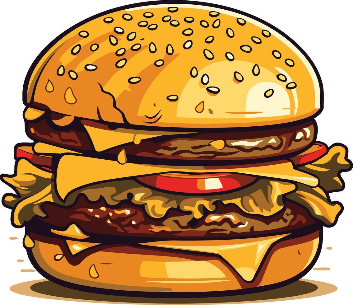 A juicy, cartoon-style double cheeseburger with sesame seed bun, lettuce, tomato, and melted cheese vector