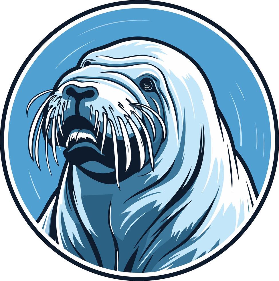 A bold, graphic illustration of a walrus's face, captured in a circular frame with a blue ocean background vector