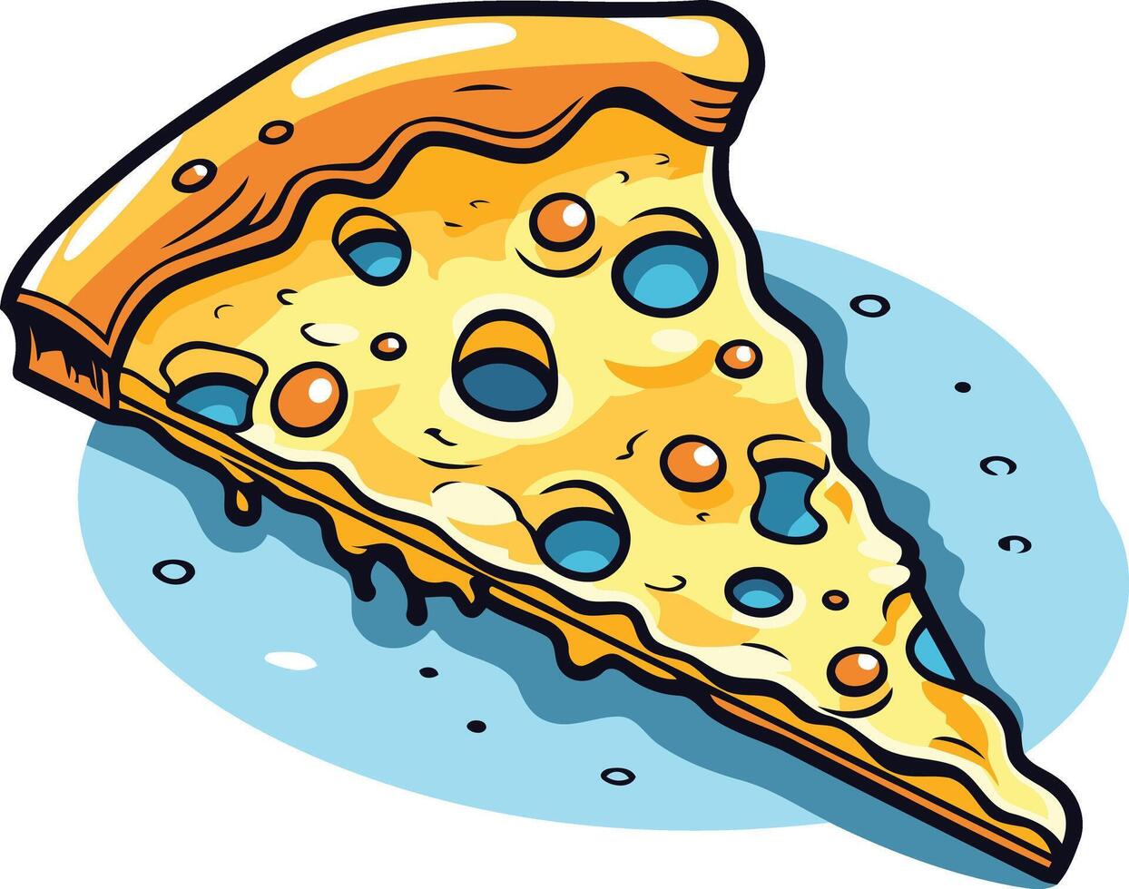 A cartoon illustration of a cheesy pizza slice, perfect for menus, food blogs, and social media posts vector