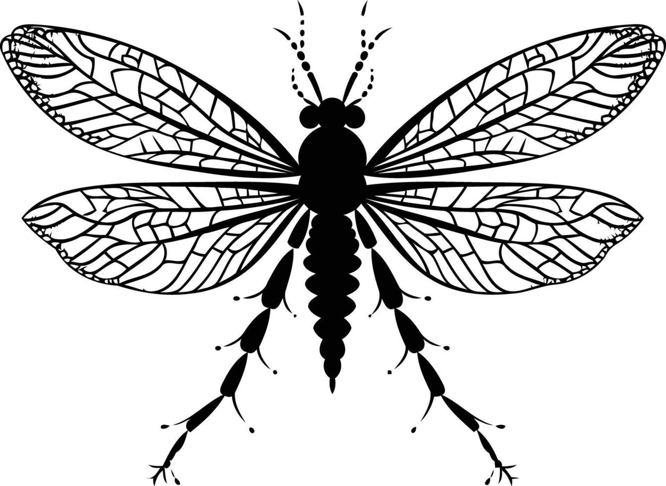 Black and white silhouette of a mayfly insect with intricate wing detail vector