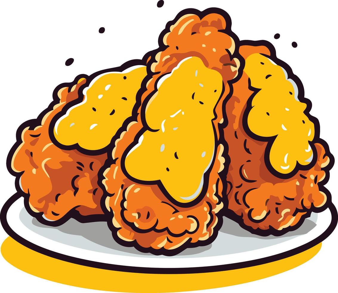 Cartoon illustration of crispy fried chicken wings drizzled with honey mustard sauce on a plate vector