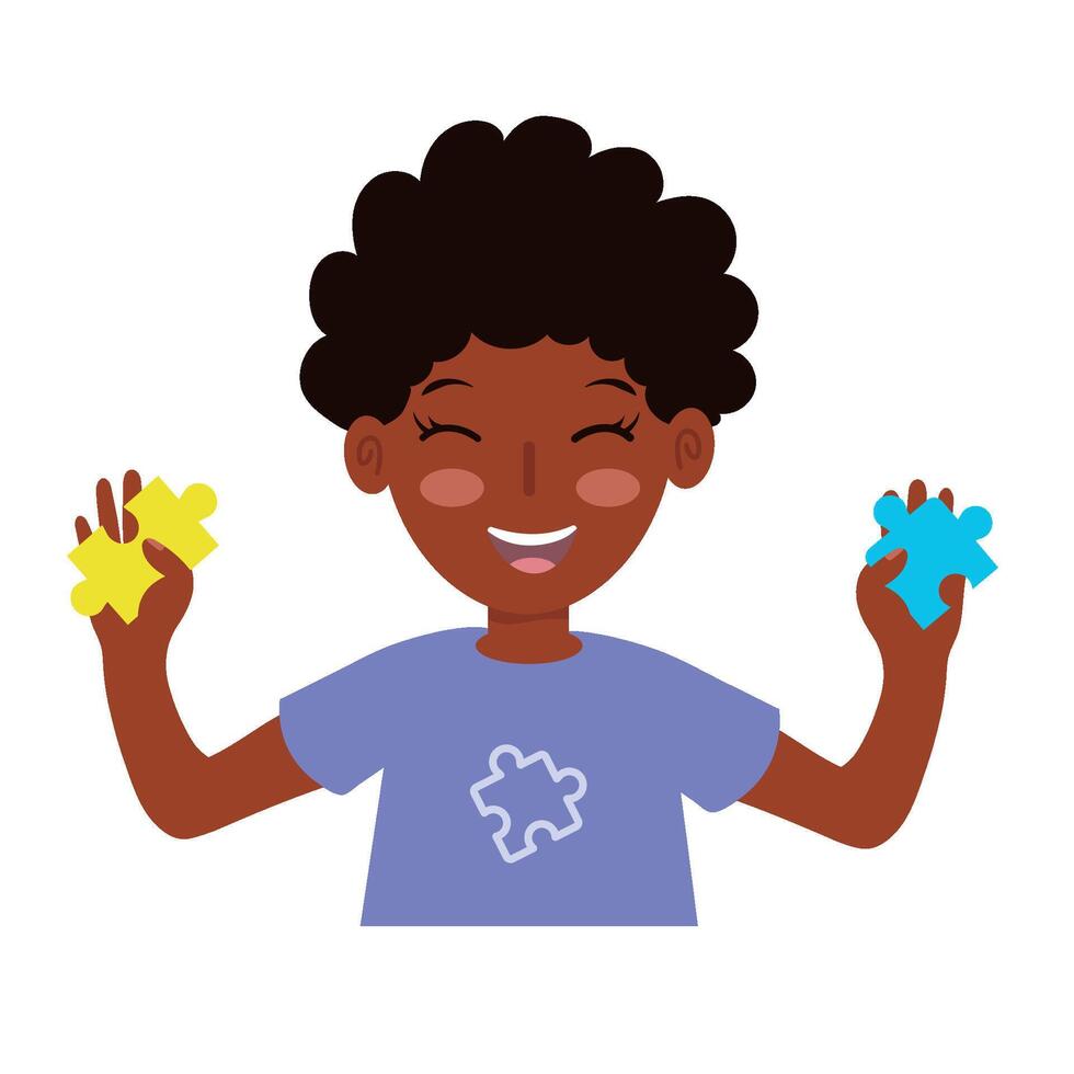 A boy holding two pieces of puzzle vector