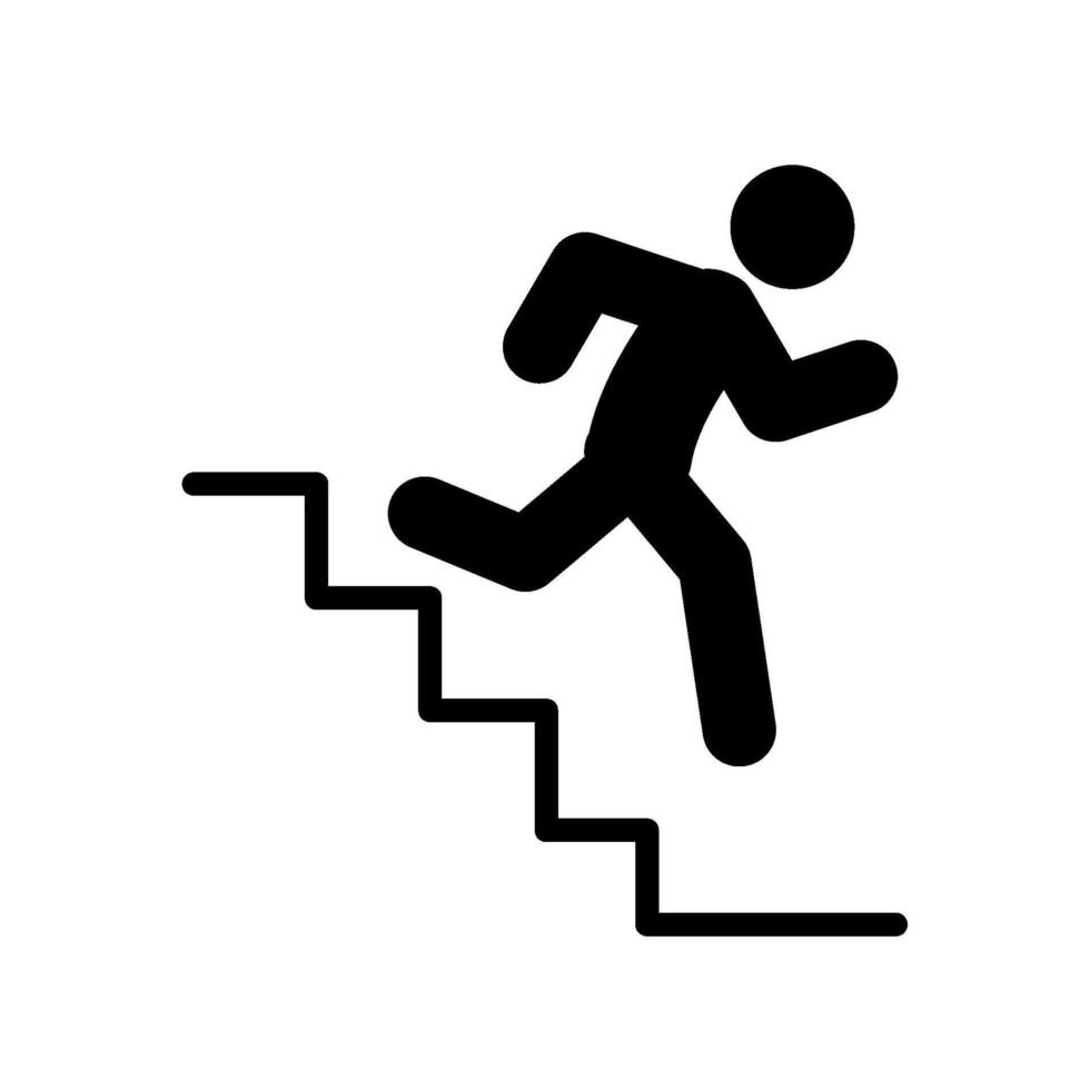 A man running up stairs in a black and white icon vector