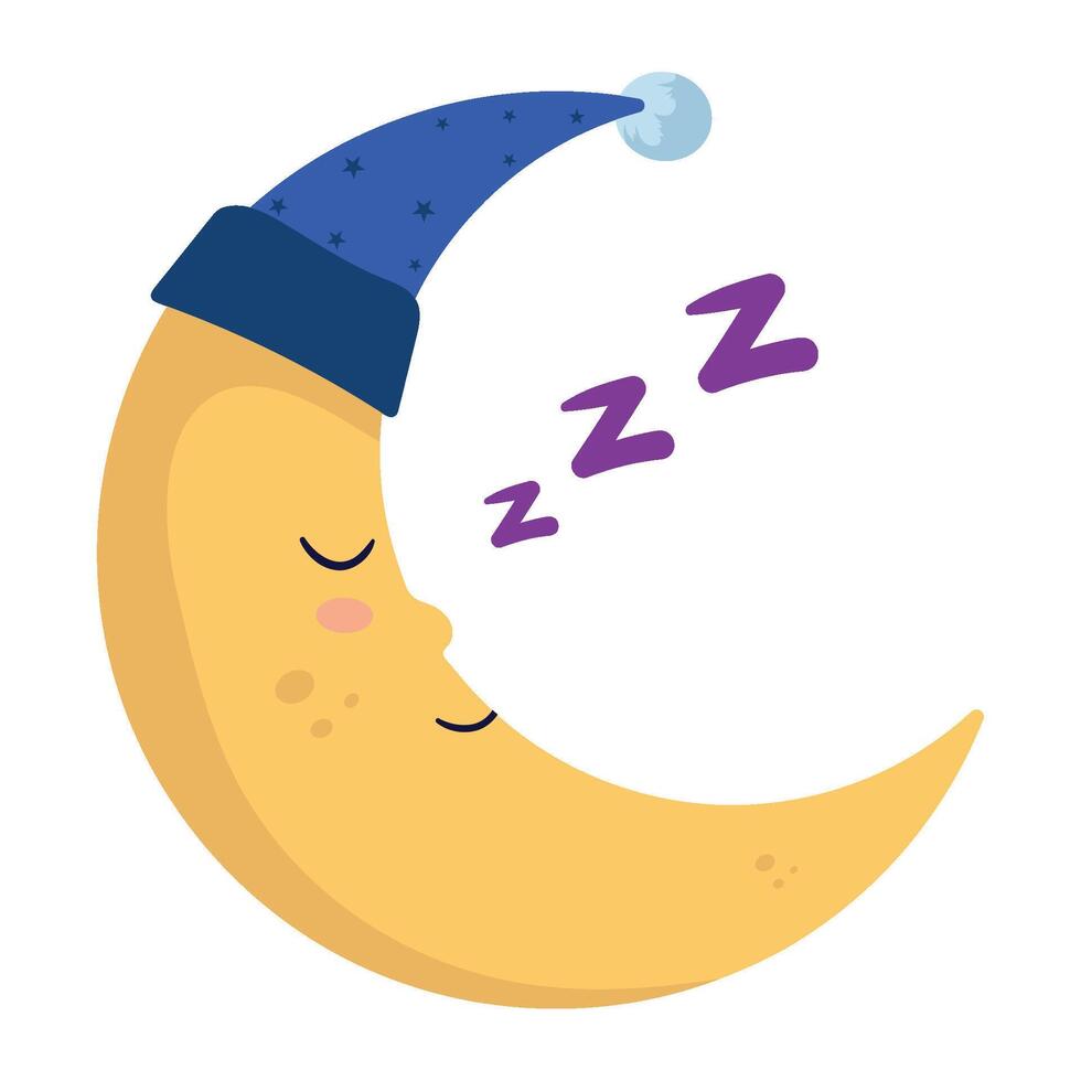 A cartoon crescent with a sleeping face vector
