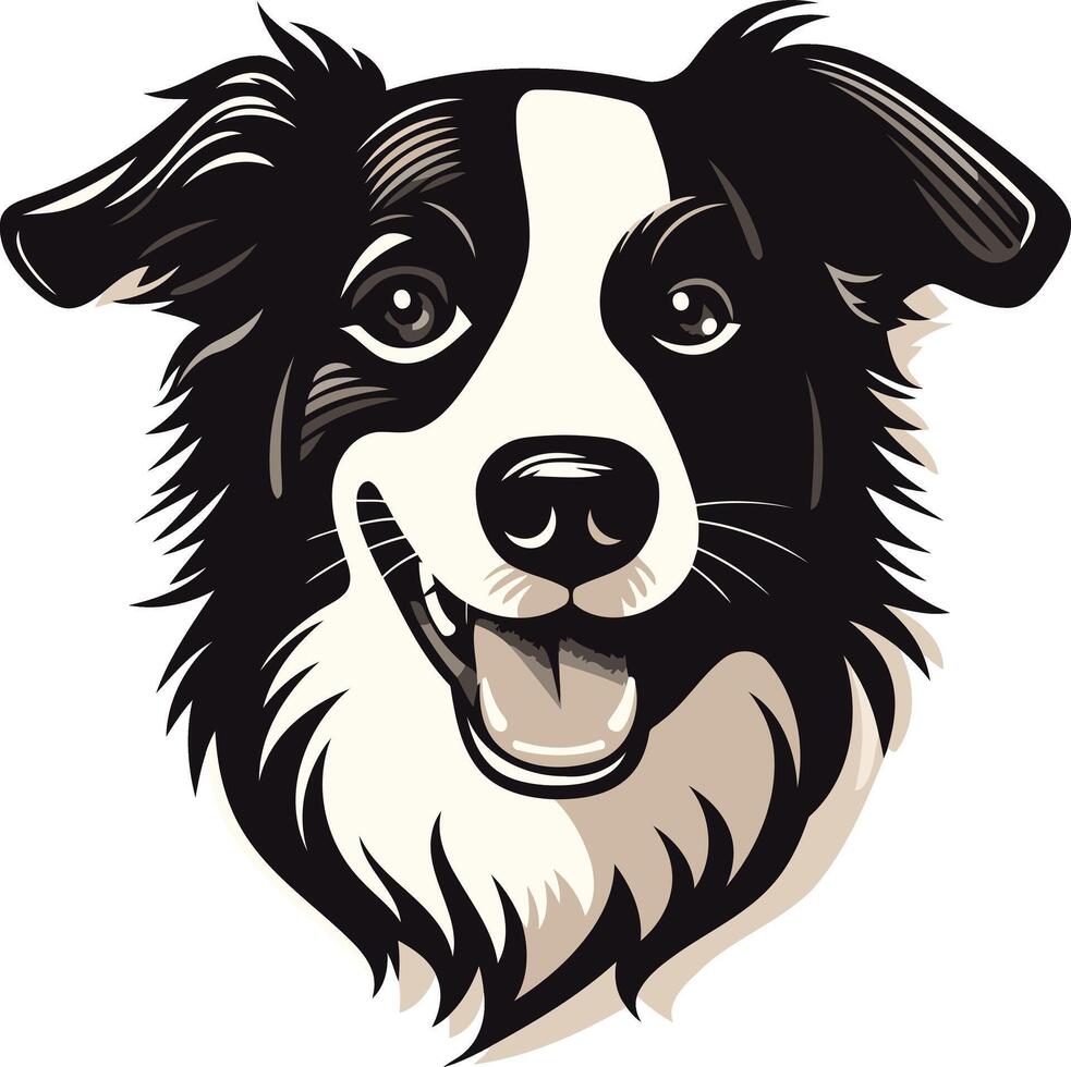 Smiling border collie portrait, black and white illustration, perfect for dog lovers, pet businesses, and animal themed designs vector