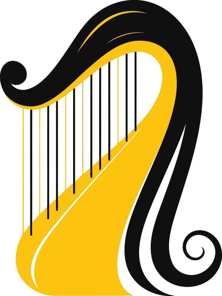 A stylized black and gold harp logo, perfect for music schools, orchestras, and classical music events vector