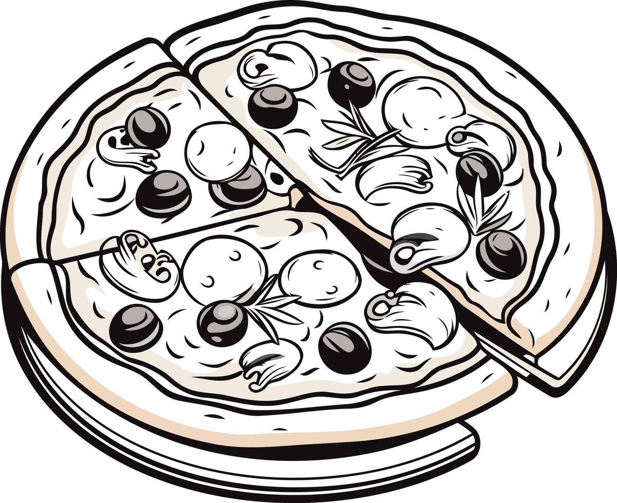 A delicious, hand drawn illustration of a pizza with a slice removed, perfect for menus, food blogs, and social media posts vector